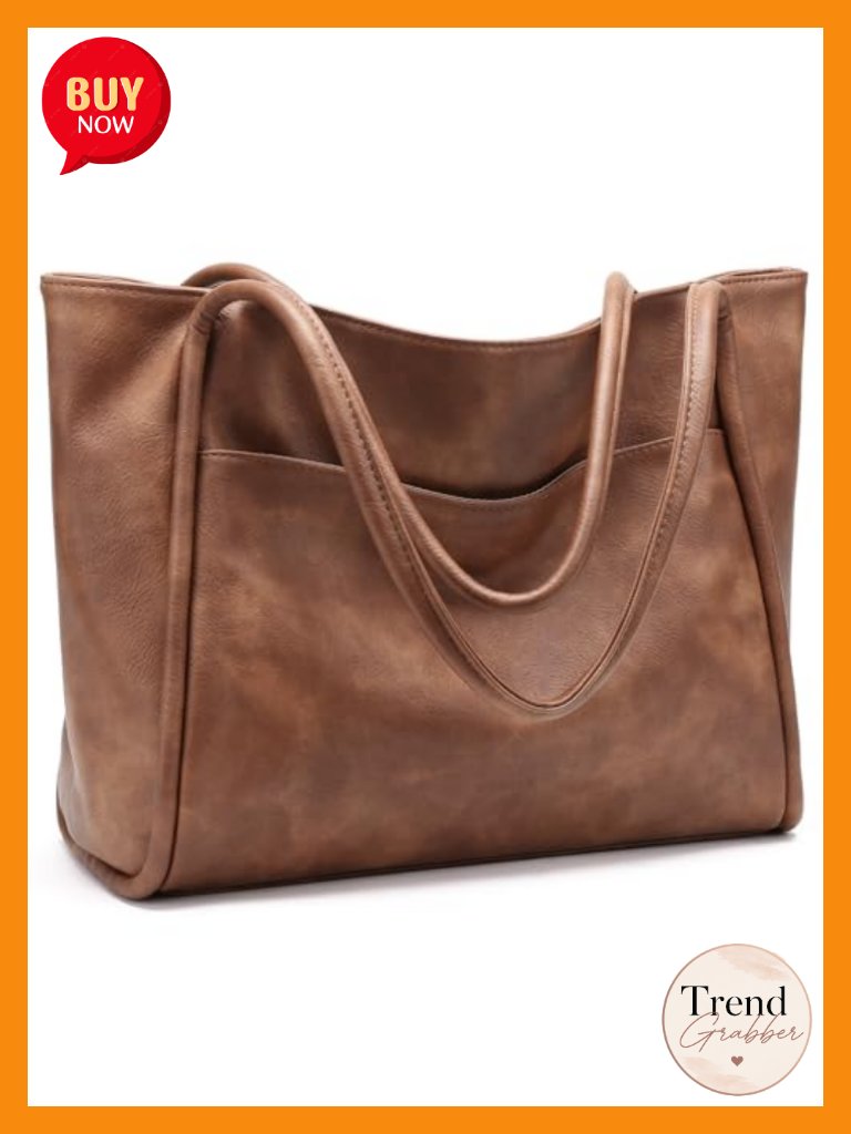 Vegan Leather Tote Bag With Zipper Laptop Travel Shoulder Bag